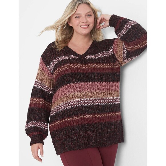 Lane Bryant Sweater Womens 14/16 Burgundy Striped Knit‎ Heavy Pullover V Neck - Picture 1 of 11